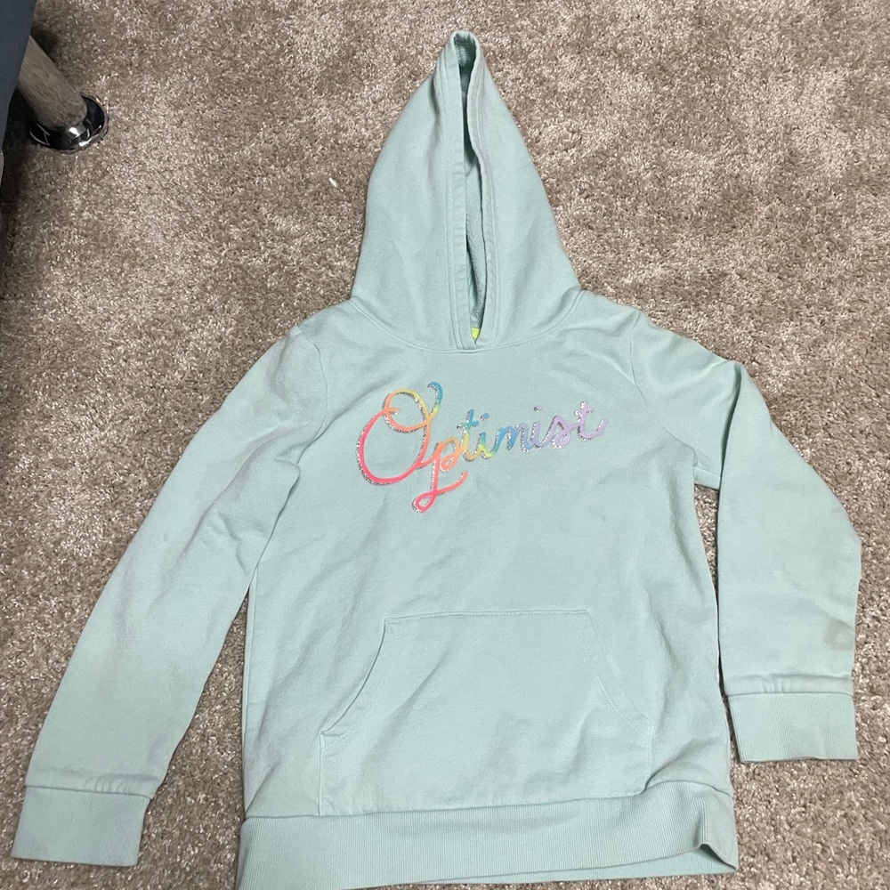 Cat & Jack Girl's Pullover Hoodie Blue “Optimist” In Rainbow Glitter Colors 7/8M